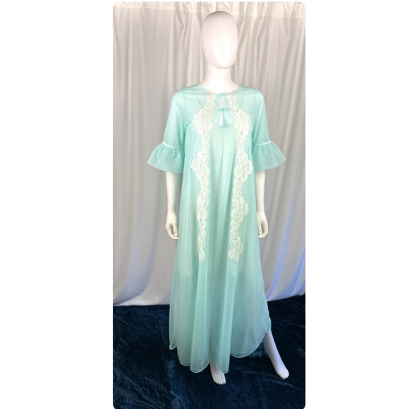 Vintage 50’s 60’s Slumber Suzy Nylon Long Bed Jacket - Robe - Mint Green - Lace - Picture 4 of 10